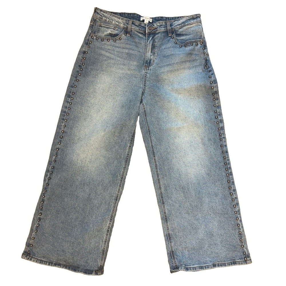 AND NOW THIS Womens Studded Wide Leg Jeans Light Wash Blue Petite 31P Denim - Picture 2 of 6